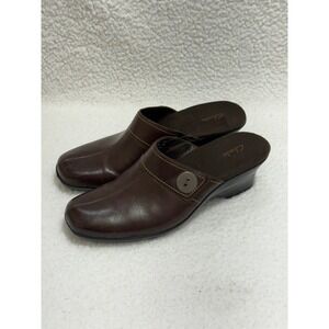 Clarks Women's Brown‎ Leather Wedge Mule Clogs Slip On Shoes Size 9M